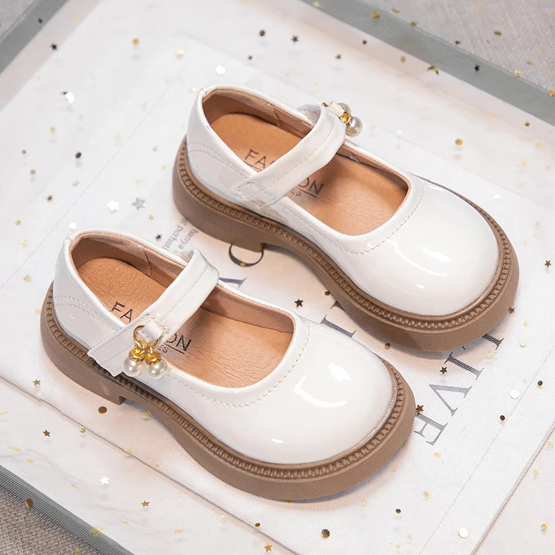 Girls' Chic Leather Princess Mary Janes with Pearl Pendant for Wedding Party, Back to School, Dress Flats (Sizes 26-36)