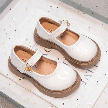 Girls' Chic Leather Princess Mary Janes with Pearl Pendant for Wedding Party, Back to School, Dress Flats (Sizes 26-36)