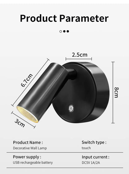 Magnetic Base USB Rechargeable LED Cordless Wall Light Touch, Switch Black White Gold Silvery Dimmable Bedside Lamp For Reading, LED Light