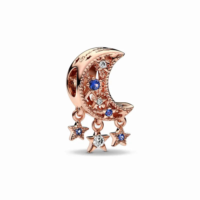 Blue Sparkling Zircon Star Moon Series Charms Beads Fit Original Bracelet Women DIY Pendant Accessories Jewelry 925 Silver Gifts