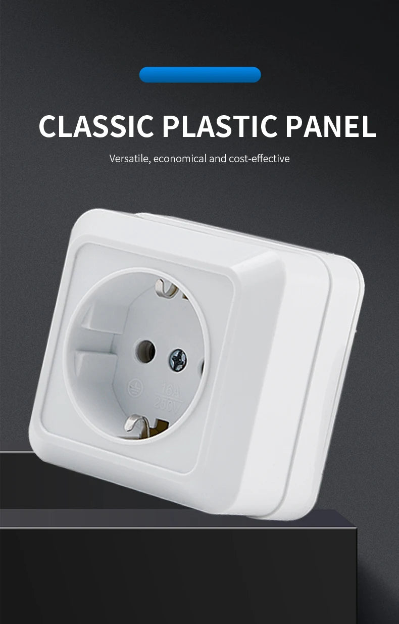 WESA White Wall Mount Socket EU Standard Electrical Outlett Ground Vintage Surface Power Socket Plug Flame Retardant Plastic