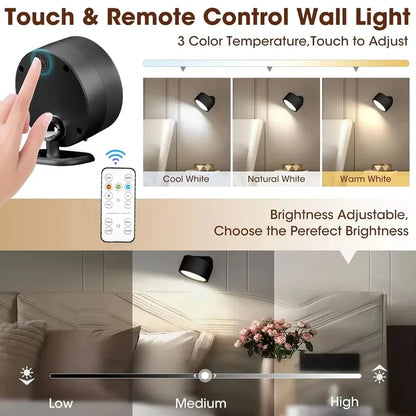 LED Wall Lights with Remote, Rechargeable Wall Mounted Reading Sconces Lamp 2000mAh, 3 Colors & Dimmable Magnetic 360° Rotation