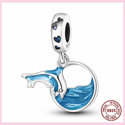 PAMELA 925 Sterling Silver Sea Turtle Starfish Blue Charm Dolphin Octopus Shell Bead For Original Charms Bracelets Ocean Jewelry