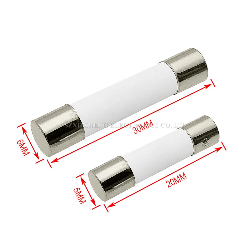10PCS 5*20/6*30MM Slow-Blow Ceramic Tube Fuse T0.5A 1A 1.6A 2A 2.5A 3A 3.15A 4A 5A 6.3A 8A 10A 12A 15A 16A 20A Time-Delay Fuses
