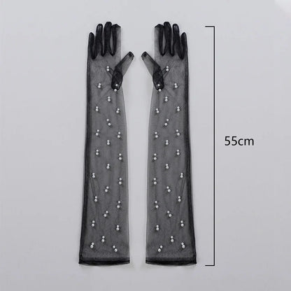 55 cm Transparent Wedding Gloves Pearls Long Elbow Mittens Mesh Arm Covers Women Party Bridal Dress Accessories Photo Props