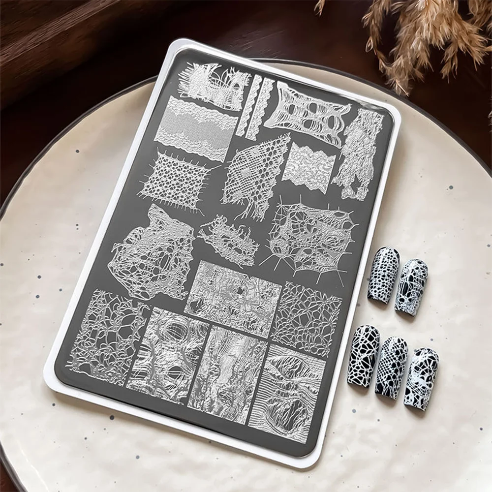 1Pc White Lace Nail Art Templates Stripes Stamping Plate Wedding Bridal Floral Leaves Stamp Templates Stainless Steel Nail Tools