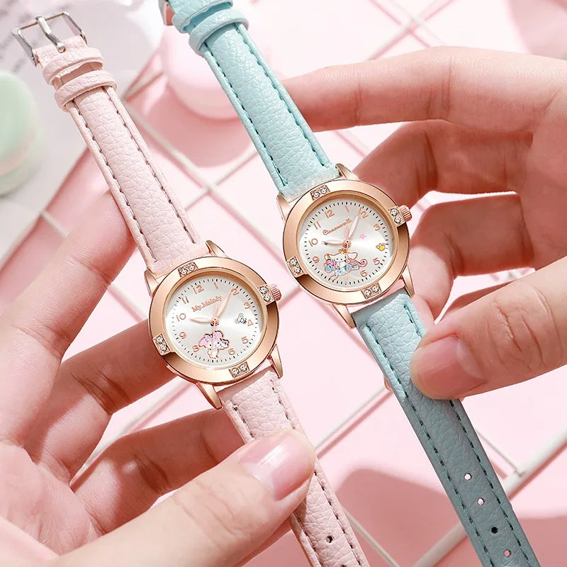 Sanrio Hello Kitty Children's Watch, Cinnamoroll Kuromi My Melody Cute Cartoon Rose Gold Wristwatch with Diamond, Children's Quartz Watch