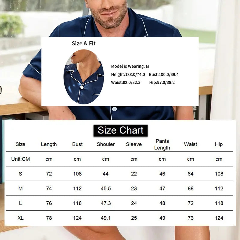 Men Satin Short Sleeve Pajama Set, Summer Sleepwear for Man, Button-Down Shirt & Elastic Waist Shorts, Pajamas Home Clothes, 2Piece