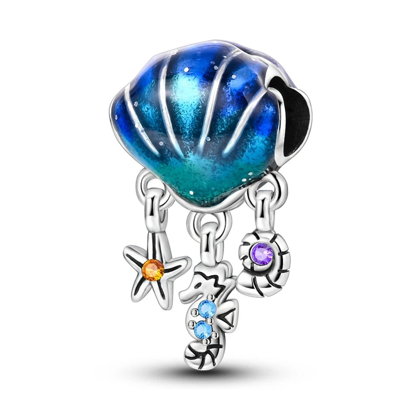 PAMELA 925 Sterling Silver Sea Turtle Starfish Blue Charm Dolphin Octopus Shell Bead For Original Charms Bracelets Ocean Jewelry