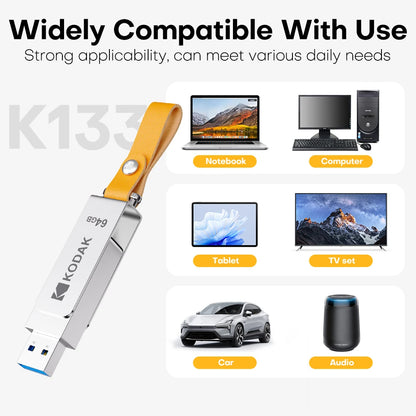 Kodak K133 USB 3.1 Flash Drive 64GB 128GB 256GB 512GB Read Speed 120MB/s Metal Body Leather Band USB3.1 Pen Drive for PC & HD-TV