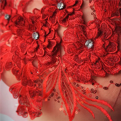 Grey Blue Red 3D Flower Leaf Lace Fabric Sequin Rhinestone Embroidered Gown Appliques Collar Mesh Sew Patch For Wedding Decor