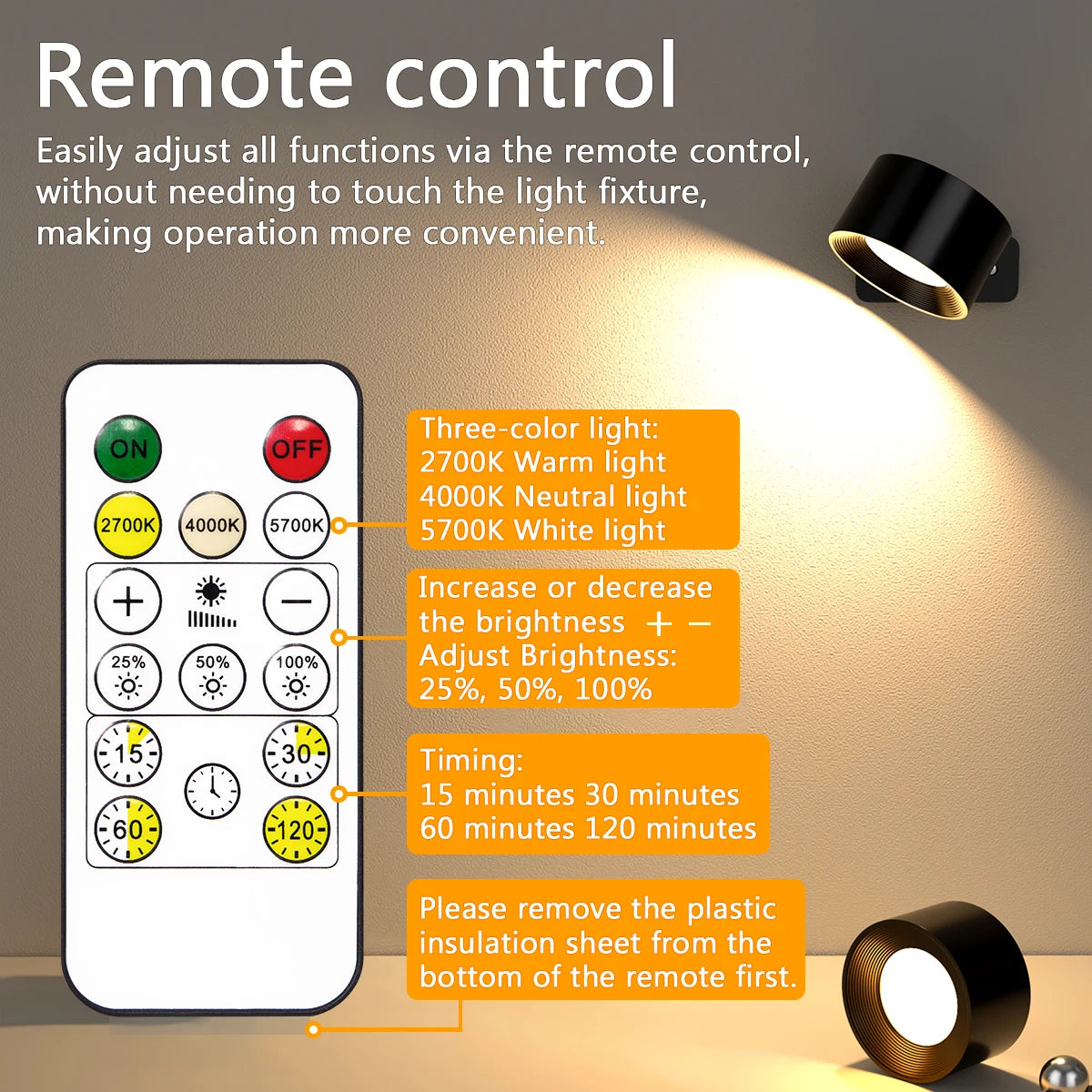 LED Wall Lights with Remote, Rechargeable Wall Mounted Reading Sconces Lamp 2000mAh, 3 Colors & Dimmable Magnetic 360° Rotation