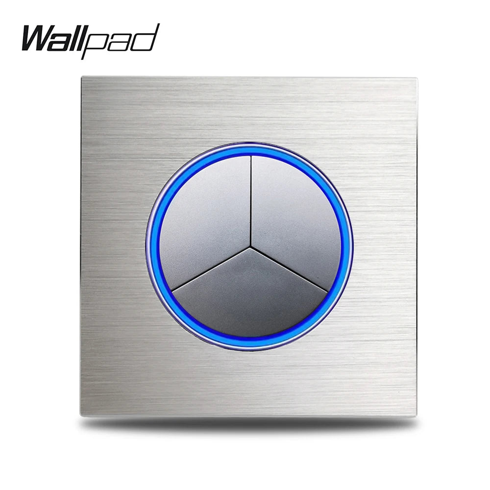 Wallpad Wall Switch 1 Way 2 Way, Circle Round Button, Blue LED Indicator, Brushed Aluminum Finishing, Black Gold SIlver Brown