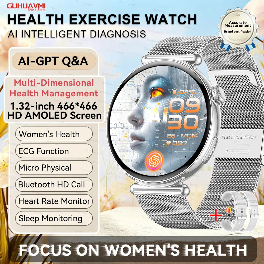 1.32''AMOLED Screen Women Smartwatch Call ECG Sport Watch Blood Pressure Micro Physical Examination DIY Dial Smart Watches Woman
