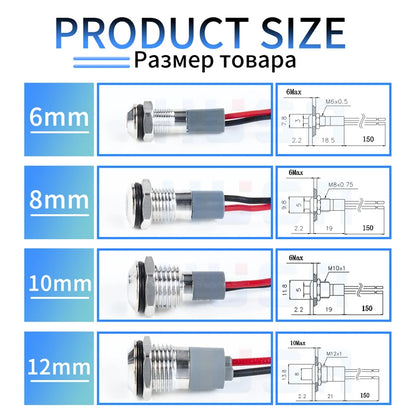 6mm 8mm 10mm 12mm 14mm Metal LED Warning Indicator Light Signal Lamp Pilot Wire 3-6V 12-24V 220V Waterproof IP65 Red Green Blue