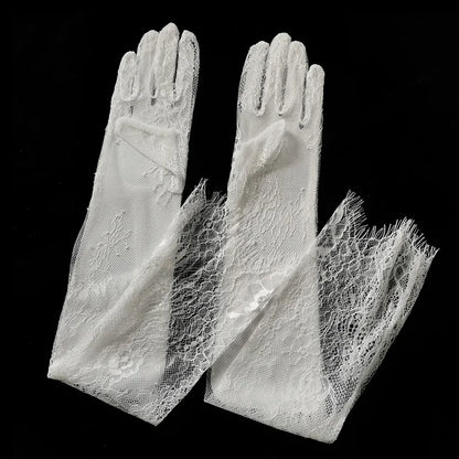 Women Sexy Thin Lace Flower White Black Long Gloves Transparent Mesh Eyelash Tulle Bridal Wedding Party Dress Accessories