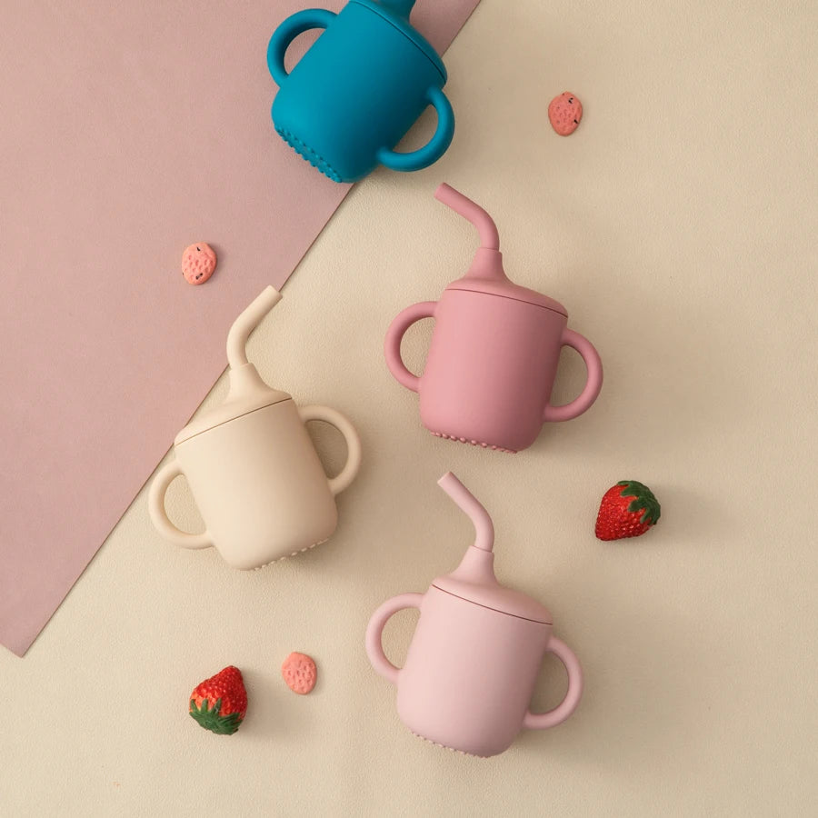 Color Kids 1Pcs Baby Learning Drinking Cup Portable Straw Detailed Comfortable Grip Silicone Double Ear Kids Sippy Cup Baby Stuff