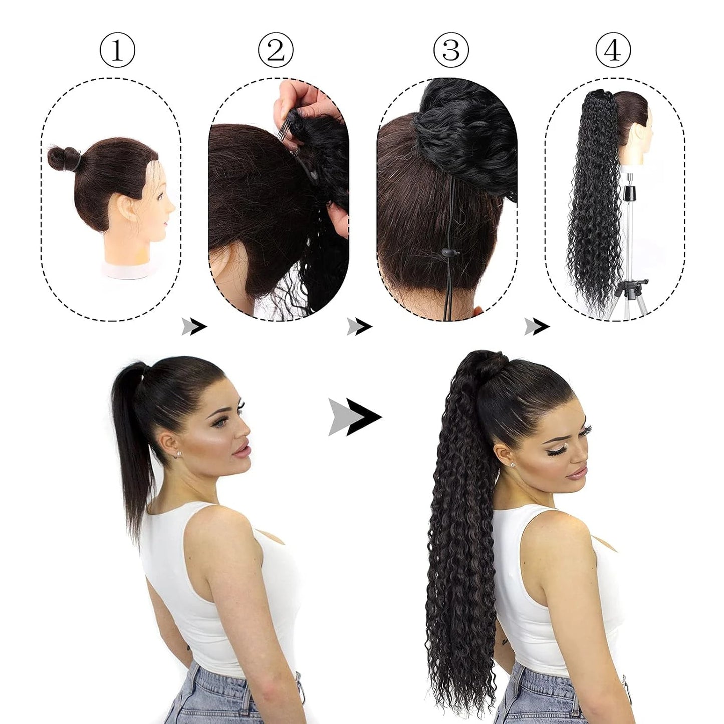 Deep Wave Drawstring Ponytail, Human Hair Ponytails, #1B Natural Black Curly Clip In Hair Extensions For Daily Cosplay, 1 Piece
