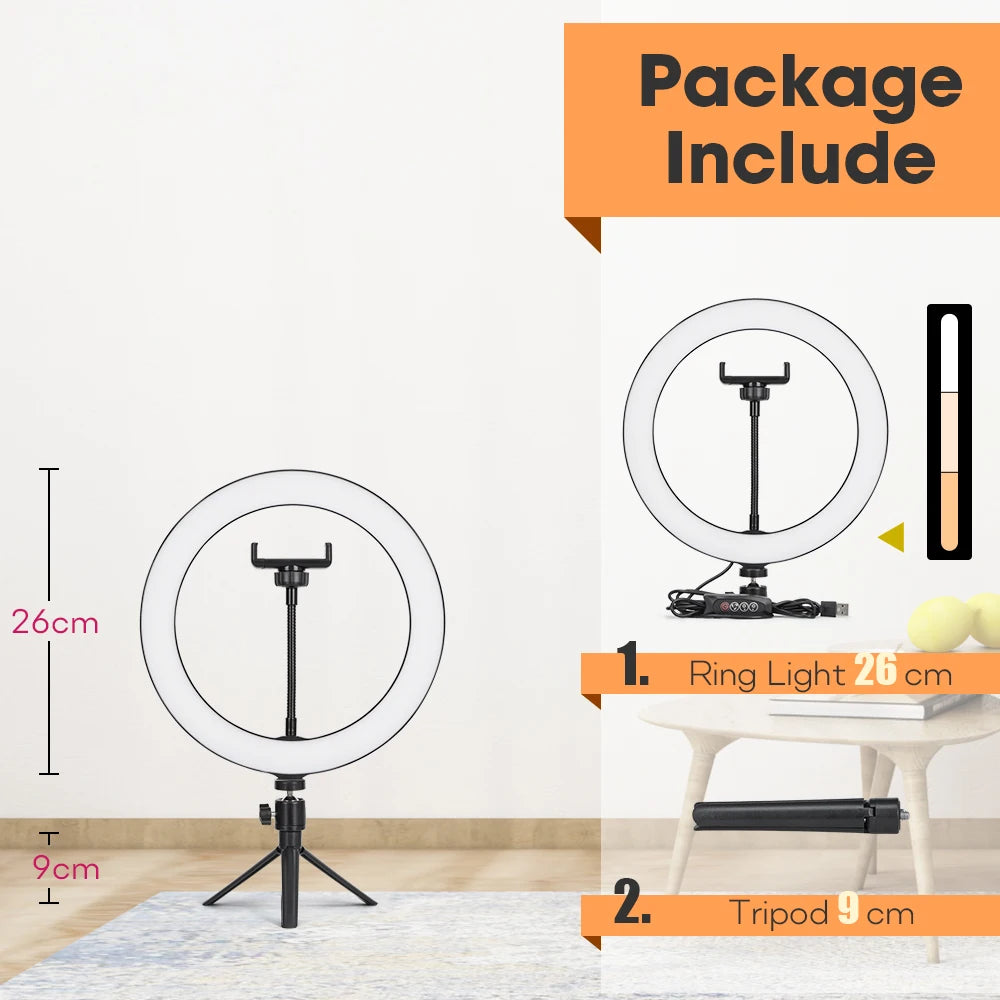 Tripod With LED Ring Light For Phone, Tripod Camera Stand Selfie Photography Light LED Lamp Color Photo Studio For YouTube Live