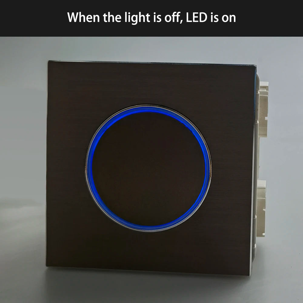 Wallpad Wall Switch 1 Way 2 Way, Circle Round Button, Blue LED Indicator, Brushed Aluminum Finishing, Black Gold SIlver Brown