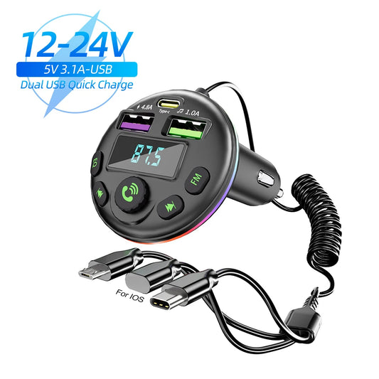 Car Bluetooth 5.0 FM Transmitter MP3 Modulator Player Handsfree Audio Receiver With 3-in-1 Charge Cable for iPhone Huawei Xiaomi