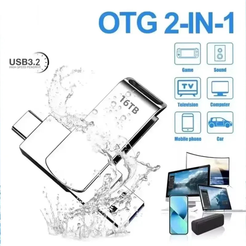 High Speed 16TB Flash Drive USB 3.2 Metal U Disk Type-C Memory Stick Waterproof Storage PC Phone Data Transfer 2026 New
