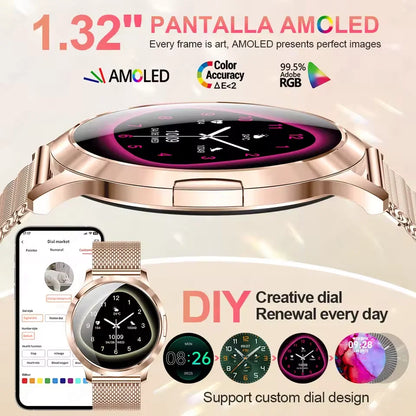 New Women Smart Watch 1.32"AMOLED Full Touch Screen Bluetooth Call Blood Pressure IP68 Waterproof NFC 7.3mm Ultra-thin bracelet