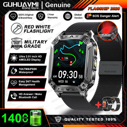 2026 New Built-in 1400mAh Super Large Battery Men Smart Watch Outdoor GPS 2.01"AMOLED Screen 10ATM Waterproof BT Call Smartwatch