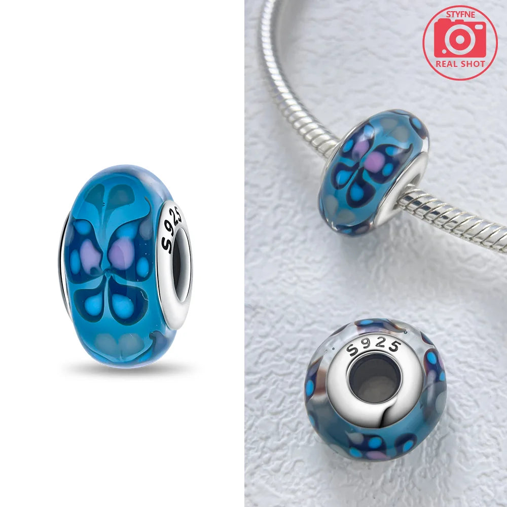 Original 925 Silver Charms Flower Blue Star Green Turtle Glass Beads Fit Bracelet Women DIY Gift Murano Jewelry Accessories