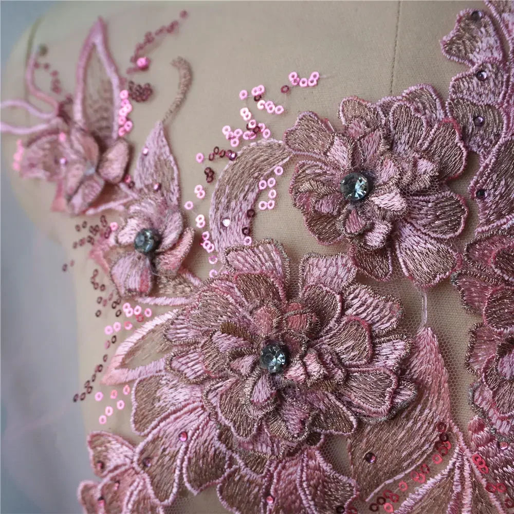 Grey Blue Red 3D Flower Leaf Lace Fabric Sequin Rhinestone Embroidered Gown Appliques Collar Mesh Sew Patch For Wedding Decor