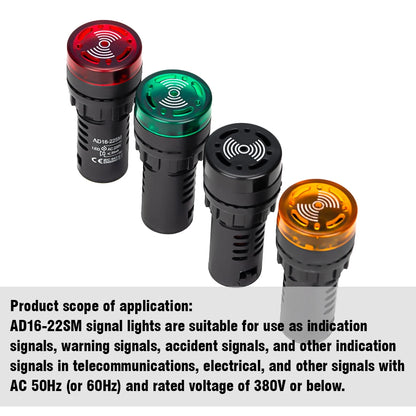 1Pc, 12V 24V 110V 220V, Flash Signal Light Red LED, Active Buzzer Beep Alarm Indicator Green Red