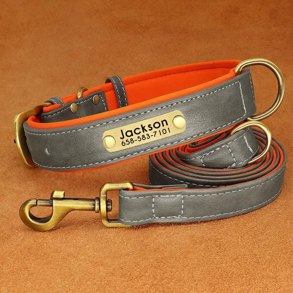 Customized Leather Dog Collar Leash Set, Soft Padded Leather Collar For Small Medium Large Dogs With Free Engraved Nameplate
