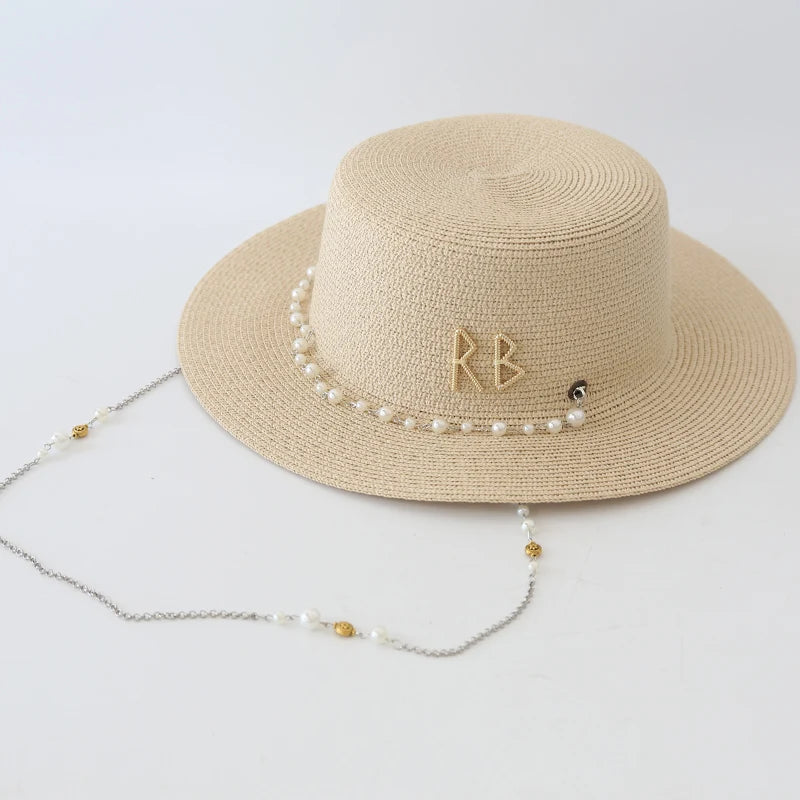 New Women Summer Hats, Straw Sun Hat, Panama Elegant Straw Fedoras Lady Girl Outdoor Vacation with Pearl Chain Sunshade Beach Hat