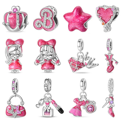 New 925 Silver Fashion Pink Princess Skirt Bag Lipstick Charms Beads Fit 3mm 925 Original Bracelet DIY Jewelry Birthday Gift