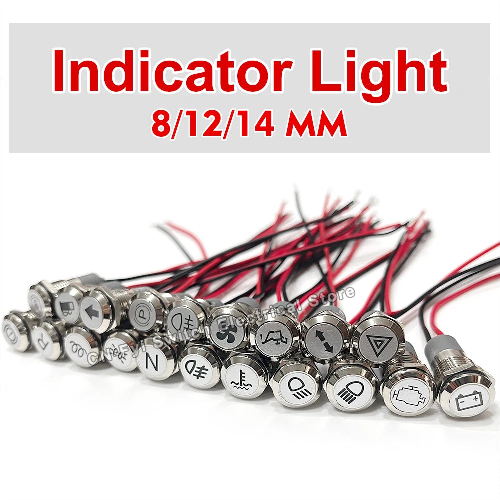 8/12/14MM Waterproof Symbol LED Indicator Light 12V 24V Silver Metal Indicator Turn Signal Pilot Light with Wire Car Dashboard