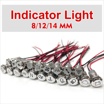 8/12/14MM Waterproof Symbol LED Indicator Light 12V 24V Silver Metal Indicator Turn Signal Pilot Light with Wire Car Dashboard