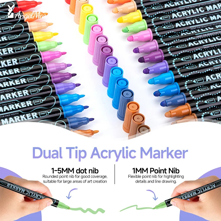 Acrylic Marker Pen, Double Headed Waterproof Art Painting Supplies, School Stationary, Graffiti Drawing 12-72 Colors, ANGEL MARK