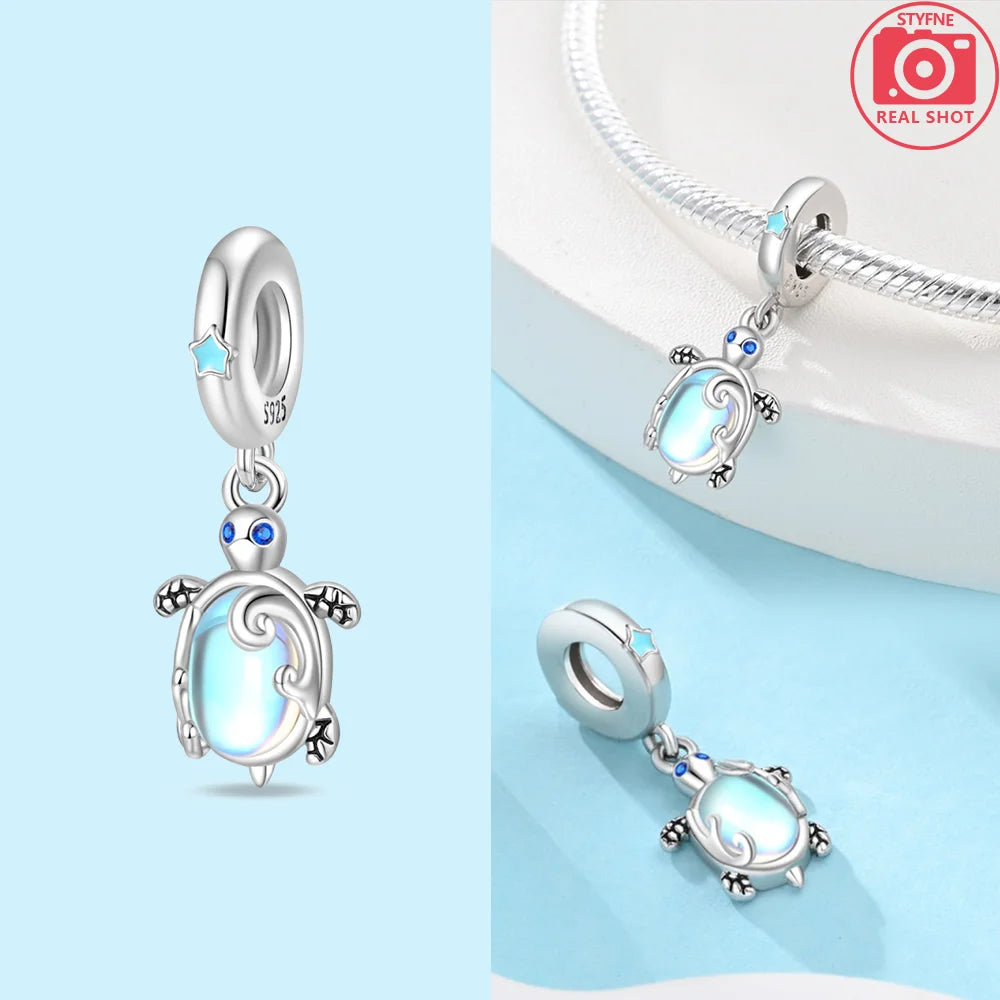 Charms 925 Silver Blue Original Stars Heart Zircon Chameleon Panda Glass Beads Fit Bracelet Jewelry Women Diy Accessories