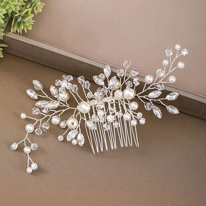 Crystal Pearl Hair Comb Clip Pin Alloy Leaf Hair Comb Handmade Headband Tiara For Women Bride Wedding Hair Accessories Jewelry