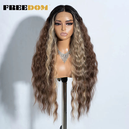 Synthetic Lace Front Wig, Long Deep Wavy Ombre Blonde Ginger Lace Wigs For Black Women, Heat Resistant Cosplay Wigs, FREEDOM