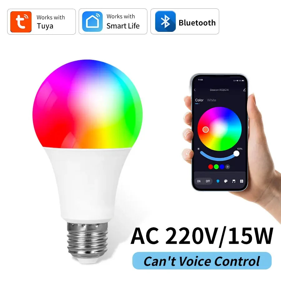Tuya Smart Bluetooth Bulb E27 220V 9W 15W 18W Color Changing Smart Home RGB Lamp, Smart Life APP Control Dimmable Timer