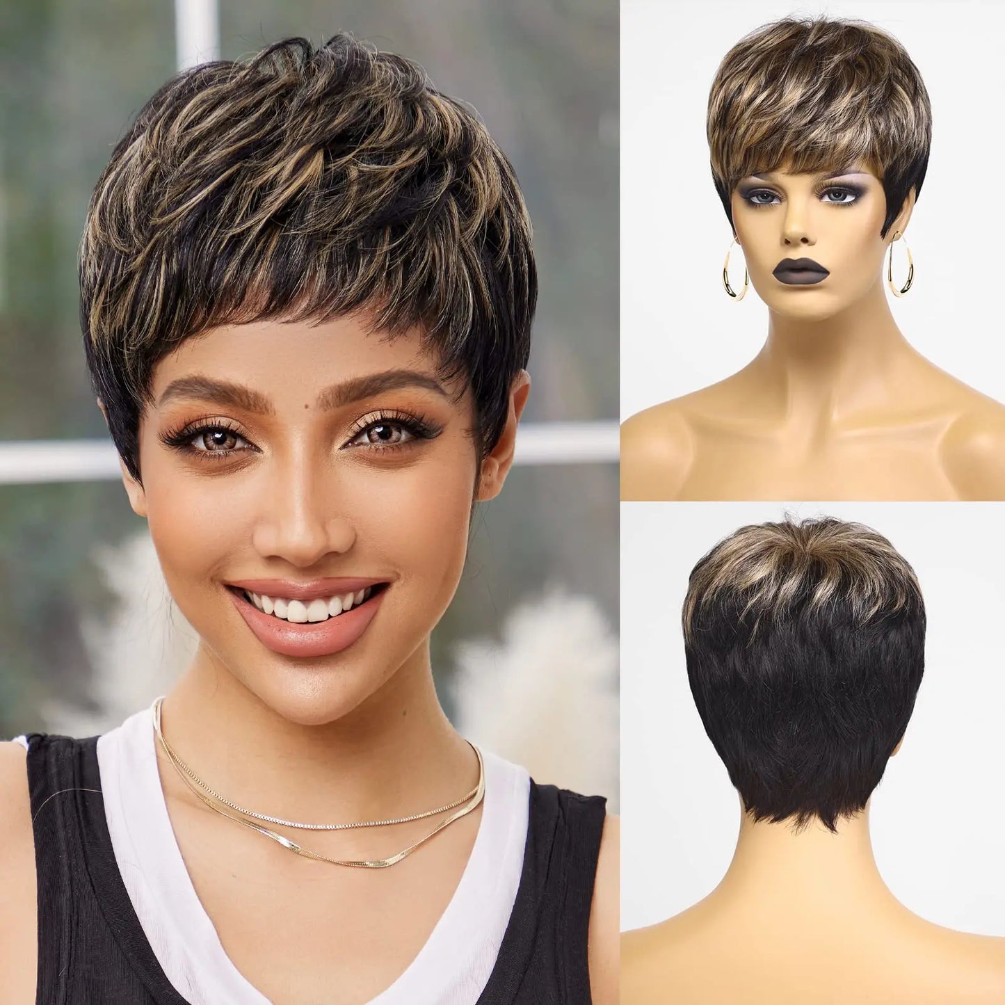 100% Remy Human Hair Wigs, Ombre Blonde Short Bob Pixie Cut Machine Made Wig with Bangs, Human Hair Natural Layered Wigs for Women