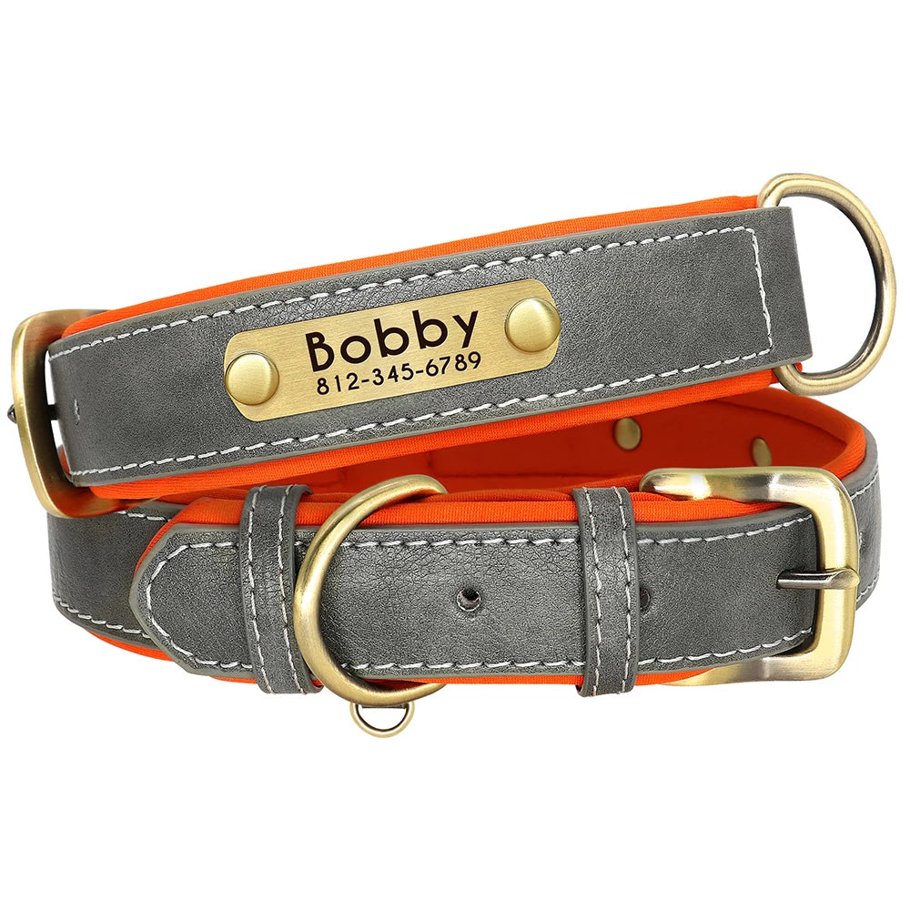 Customized Leather Dog Collar Leash Set, Soft Padded Leather Collar For Small Medium Large Dogs With Free Engraved Nameplate