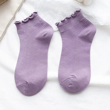 Cotton Women's Socks Frilly Ruffle Socks Spring Summer Casual Ankle Short Boat Socks Loose Knit Solid Color Mid-Calf Socks