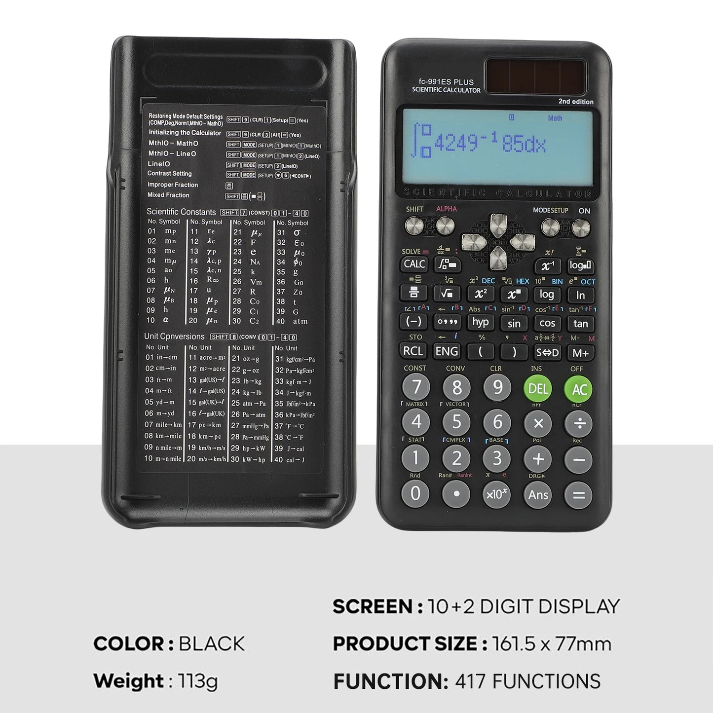 Scientific Calculators Math Calculator with 417 Functions 10+2 Digit Display Dual Power Supply Ideal for Teachers Students