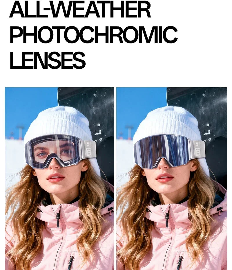 Kapvoe Flip Over Magnetic Snow Goggles Photochromic Ski Men Snowmobile Anti-Fog Snowboard Goggles Women Ski Equipment UV400