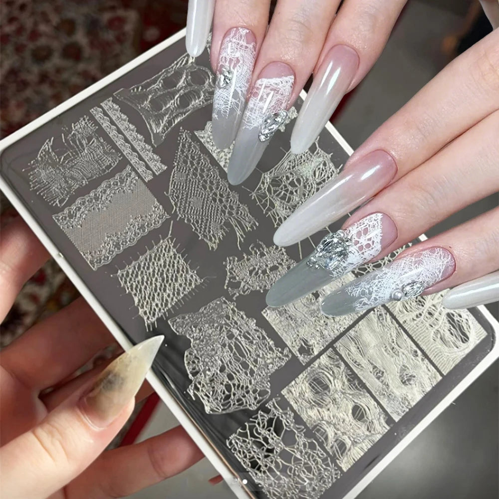 1Pc White Lace Nail Art Templates Stripes Stamping Plate Wedding Bridal Floral Leaves Stamp Templates Stainless Steel Nail Tools