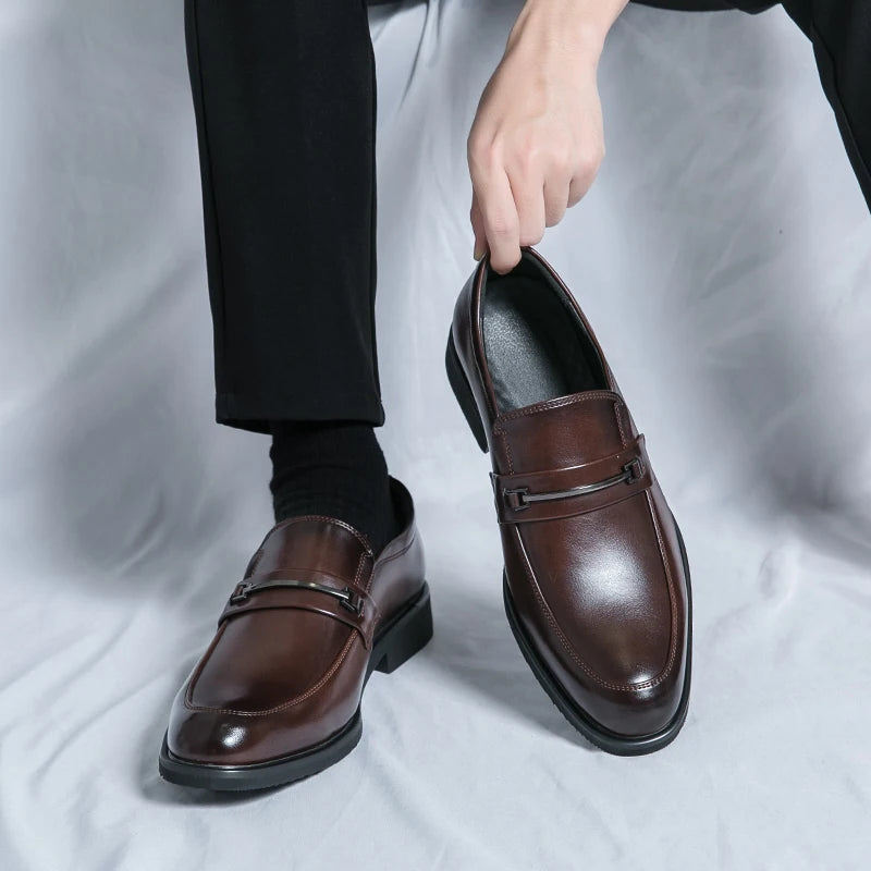 Men's Formal Leather Shoes Classic Style Slip-On Loafers Round Toe Breathable Non-Slip Business Dress Wedding Office Casual Shoes
