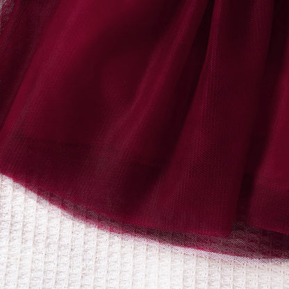 Girl's Autumn Winter Velvet Long-Sleeved Mesh Bow Princess Dress - New Year Children's Party Festive Dress