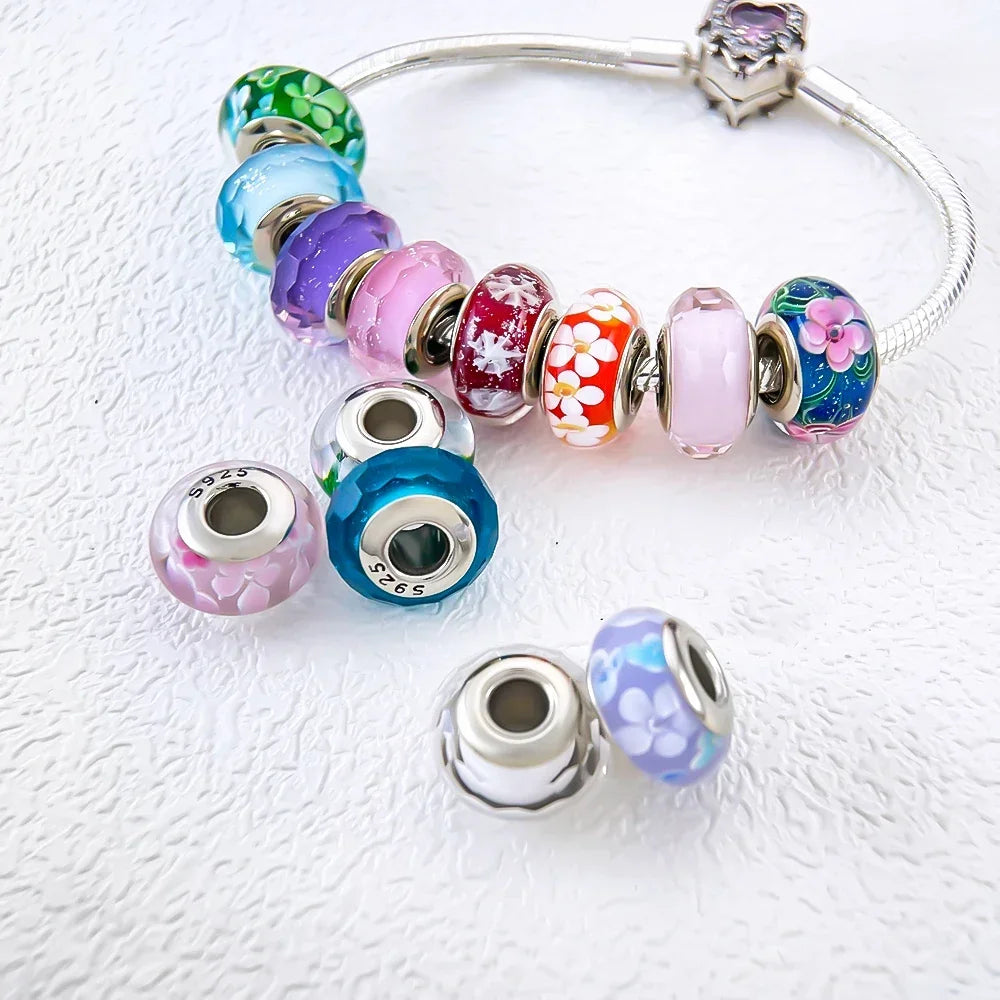 925 Sterling Silver Pink Color Series Beads Heart Flower Murano Glass DIY Jewelry Charms Fit Original Bracelet for Women Fine Gifts